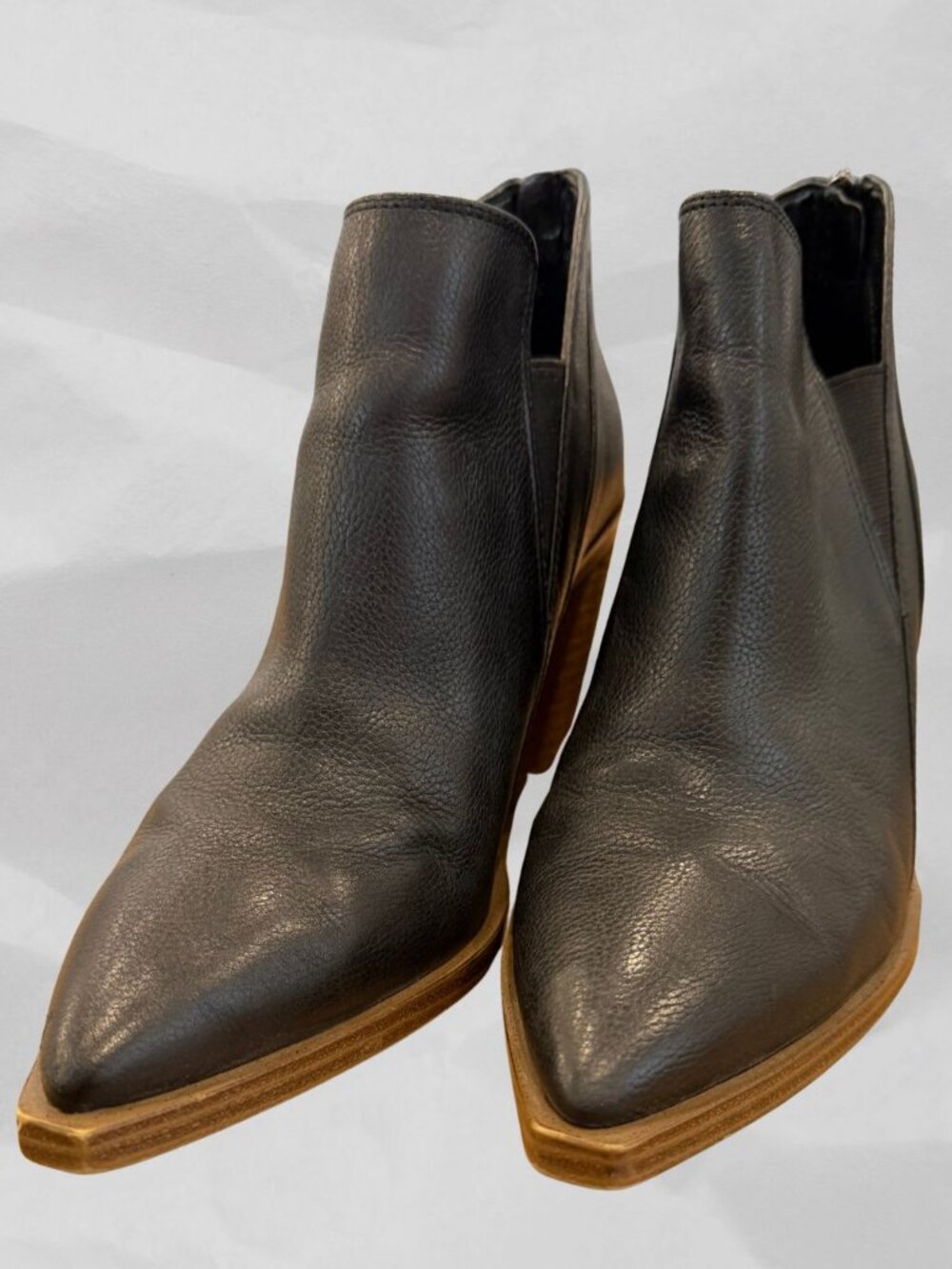 Black Leather Ankle Booties Pointed Toe Block Heel Size 5.5